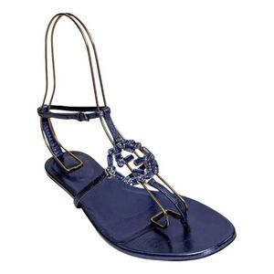 Gucci Crystal GG Flat T-Strap Sandals EU 37 US 7 Blue Metallic Interlocking G